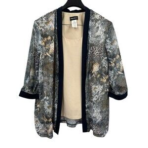 Kathy Roberts Top Pus Size 24W Blue Floral Metallic Sheer 3/4 Sleeve